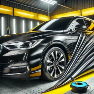 Mobil Kusam Jadi Kinclong: Panduan Lengkap untuk Tampilan Seperti Baru 1 Mobil hitam berkilau setelah perawatan, menampilkan hasil restorasi kilap maksimal di studio detailing modern bernuansa kuning dan putih.