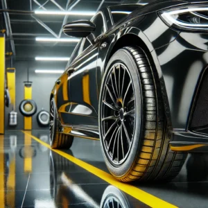Semir Ban Mobil Super Kinclong: Rahasia Tampilan Mobil yang Memukau 1 Ban mobil hitam dengan kilap sempurna setelah menggunakan semir, menampilkan hasil detailing profesional di studio modern dengan aksen kuning dan putih.