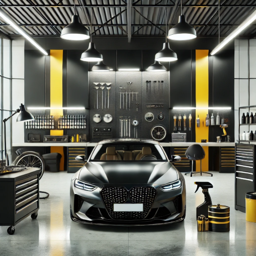 Desain bengkel autodetailing modern dengan warna dominan hitam, kuning, dan putih, dilengkapi peralatan premium dan tata letak yang rapi.