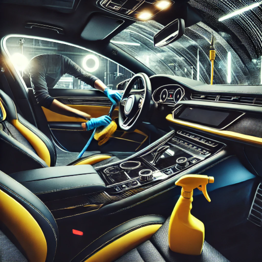 Interior mobil yang bersih dengan autodetailing profesional, menampilkan alat modern dan kabin mewah dengan dominasi warna hitam, kuning, dan putih.