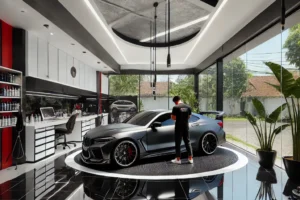 Sebuah studio autodetailing modern di Bandung dengan dominasi warna abu-abu, putih, hitam, dan merah.