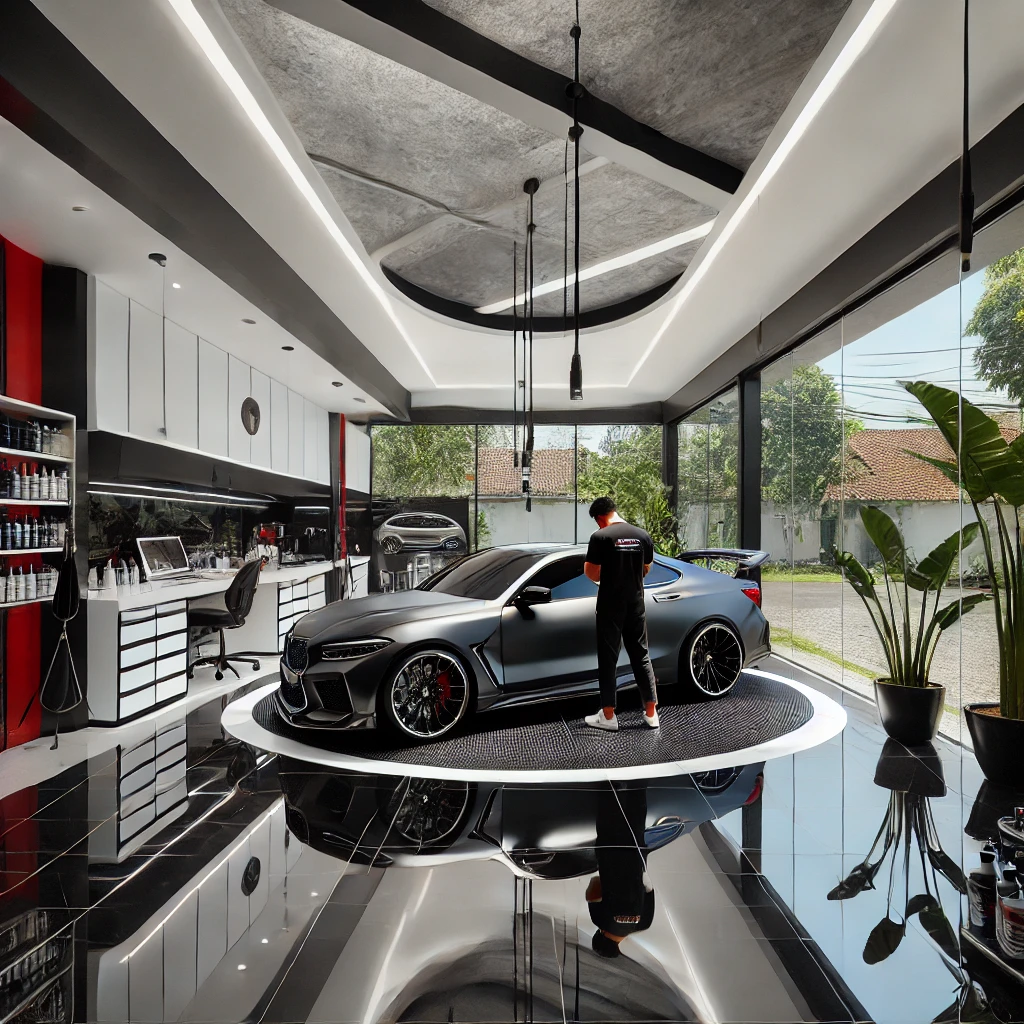 Sebuah studio autodetailing modern di Bandung dengan dominasi warna abu-abu, putih, hitam, dan merah.