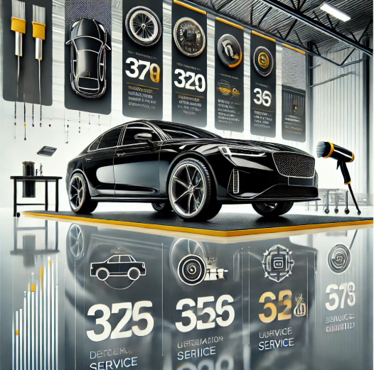 Mobil yang sedang menjalani detailing profesional di bengkel modern dengan fokus pada daftar harga layanan. Warna dominan hitam, kuning, dan putih.