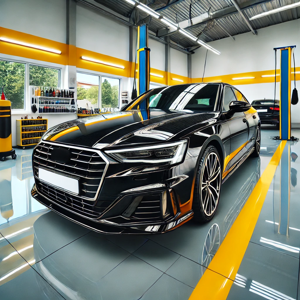 Mobil hitam mengkilap dengan hasil detailing sempurna di salah satu salon mobil terbaik Bandung, dengan latar studio modern beraksen kuning dan putih.