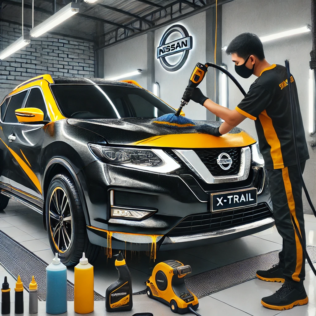 Nissan X-Trail sedang menjalani autodetailing di workshop profesional Bandung dengan hasil kilap maksimal.