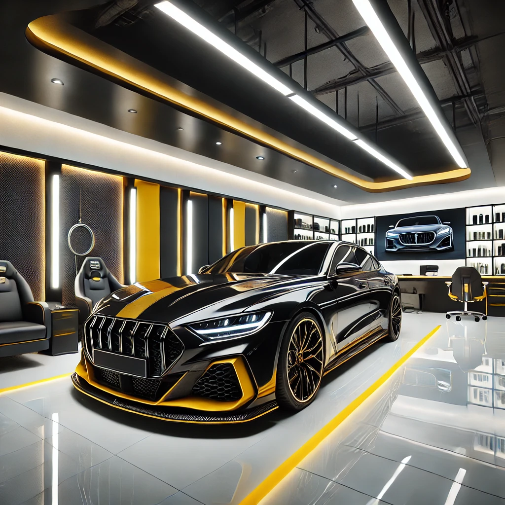 Foto detailing premium di salon mobil Bandung dengan mobil mewah.