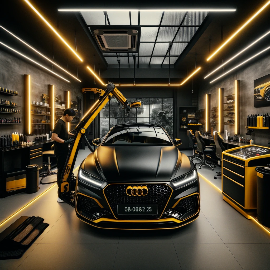 Sebuah studio detailing mobil mewah dengan skema warna hitam dan kuning, menunjukkan layanan premium di Bandung.