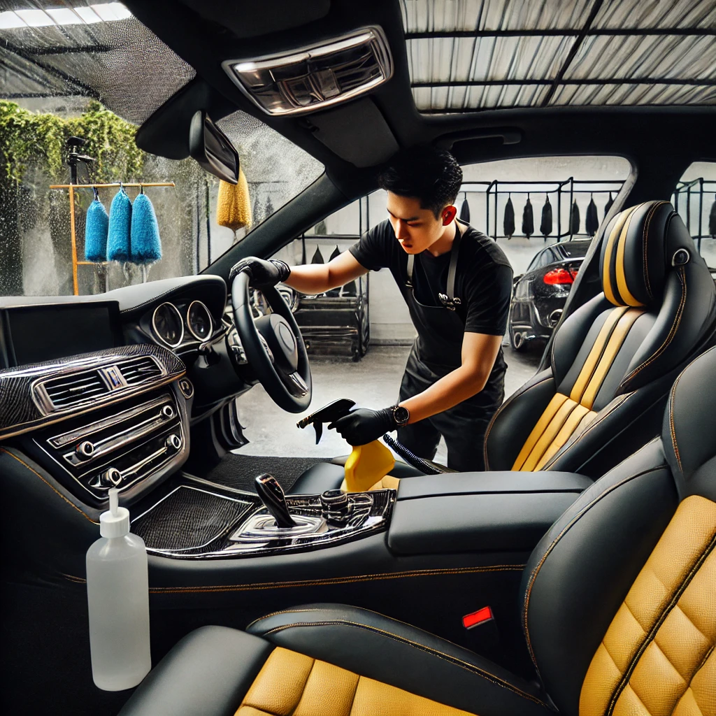 Proses detailing interior mobil di salon interior mobil Bandung dengan suasana modern dan profesional.