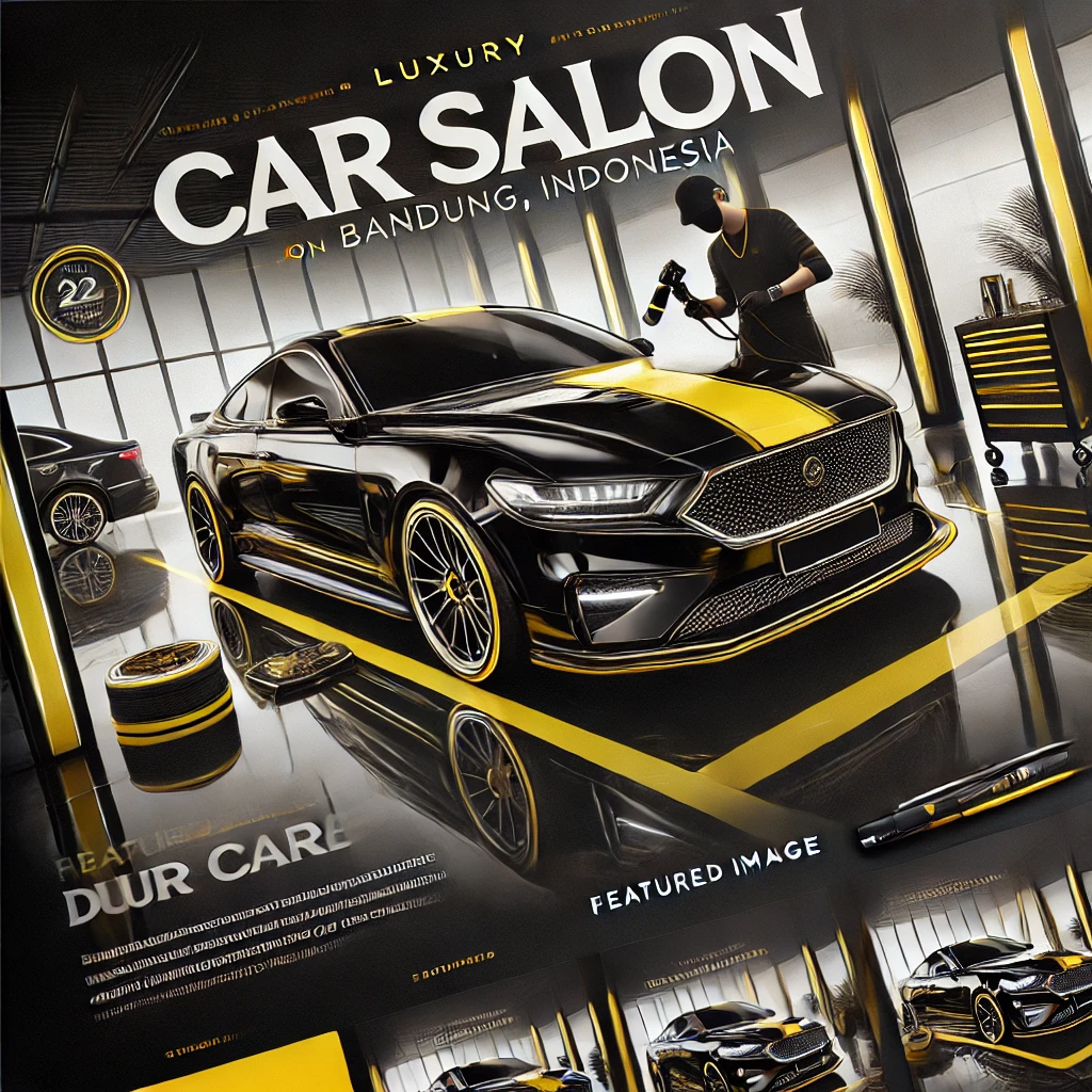 Detailing mobil premium di Salon Mobil Bandung Lanud dengan warna dominan hitam, kuning, dan putih.