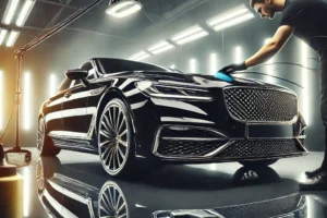 Mobil mewah hitam mengkilap selesai di-detailing dengan hasil maksimal