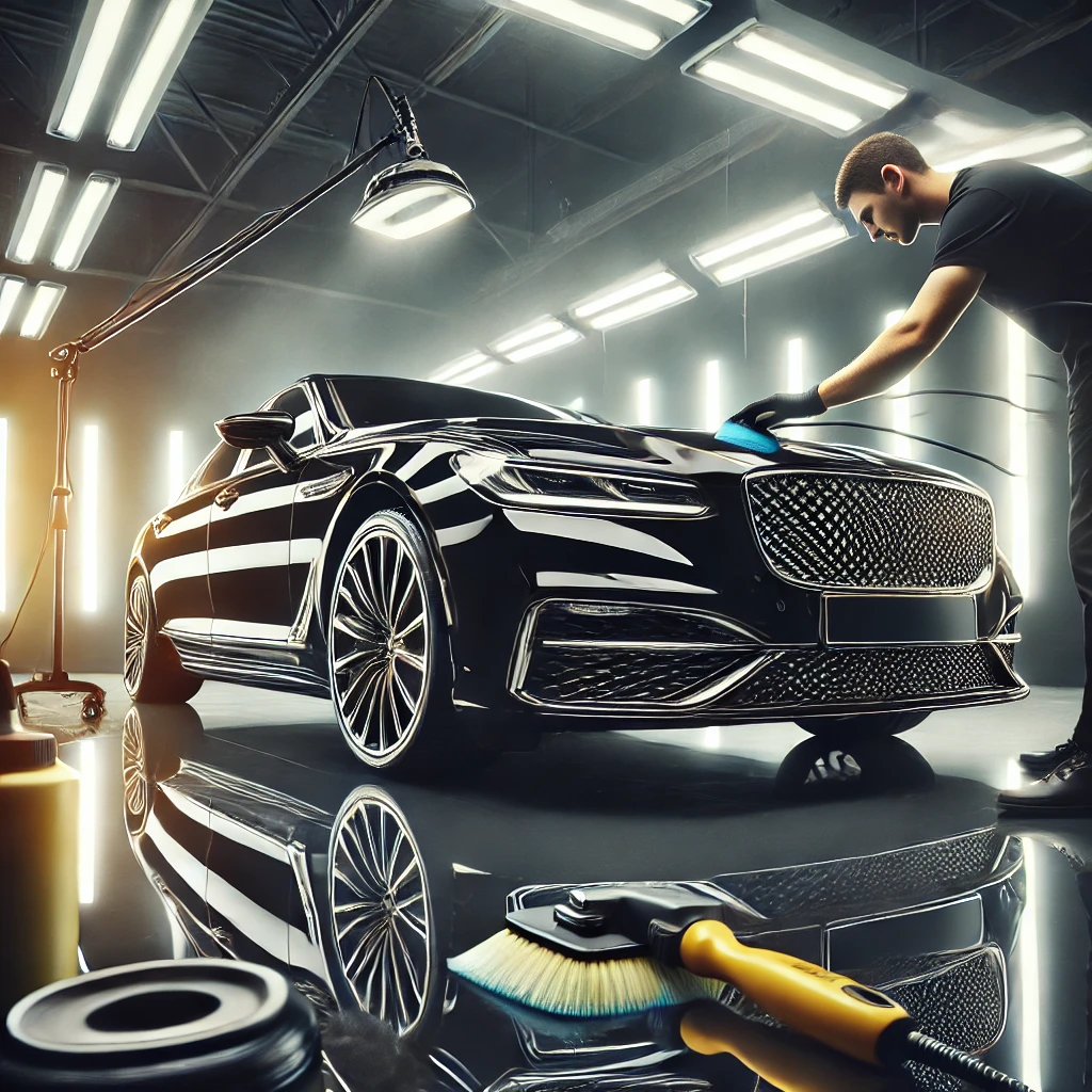 Mobil mewah hitam mengkilap selesai di-detailing dengan hasil maksimal