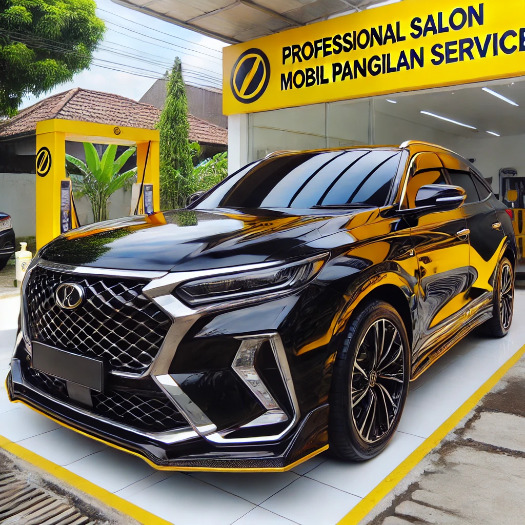 Mobil hitam mengkilap dengan layanan salon mobil panggilan di lokasi pelanggan, dilengkapi aksen kuning dan putih.