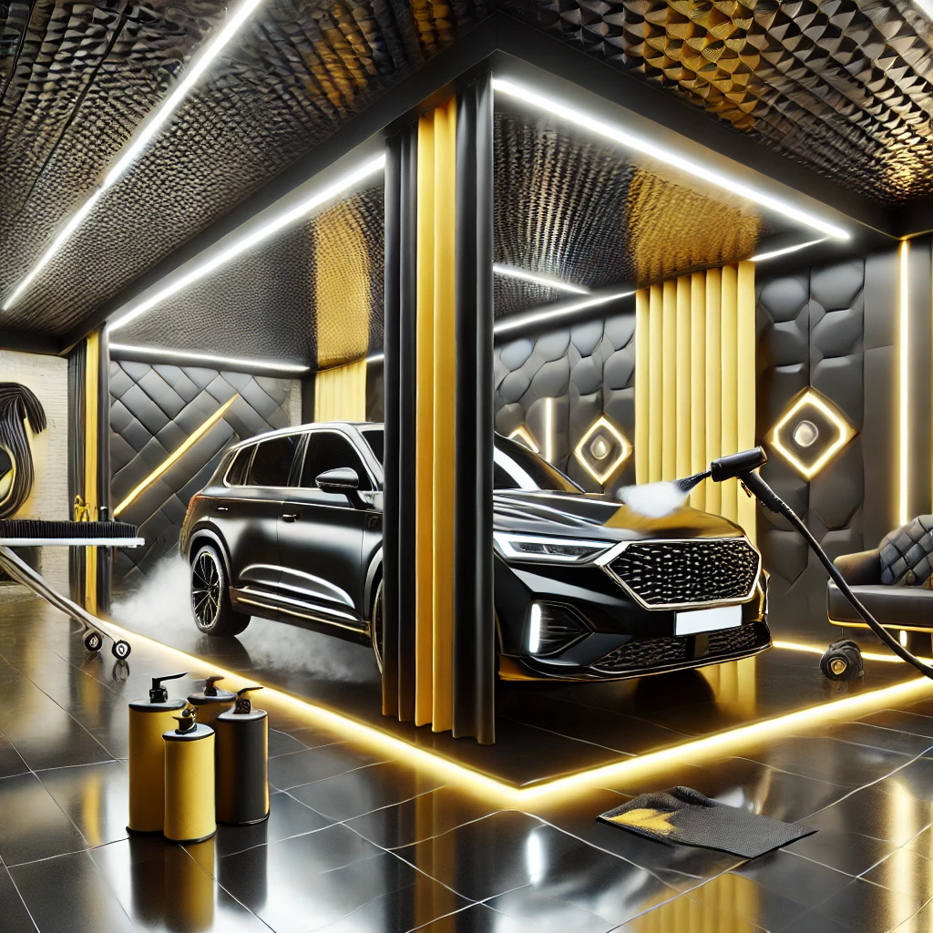 Mobil mewah dalam proses detailing kilat di salon mobil dengan tema warna hitam, kuning, dan putih.