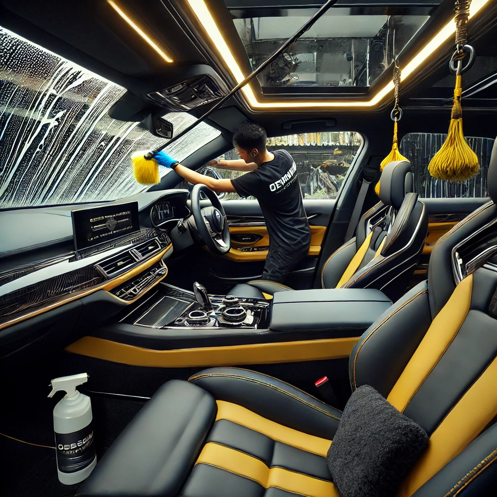 Interior mobil mewah sedang dilakukan detailing profesional di sebuah studio detailing modern di Bandung dengan aksen hitam, kuning, dan putih.