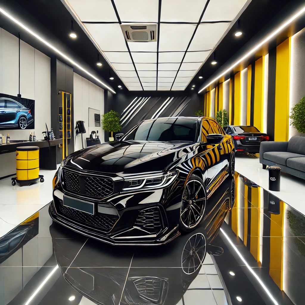 Mobil hitam glossy hasil detailing profesional di Bandung, menampilkan kilap sempurna dengan latar studio detailing modern bernuansa kuning dan putih.