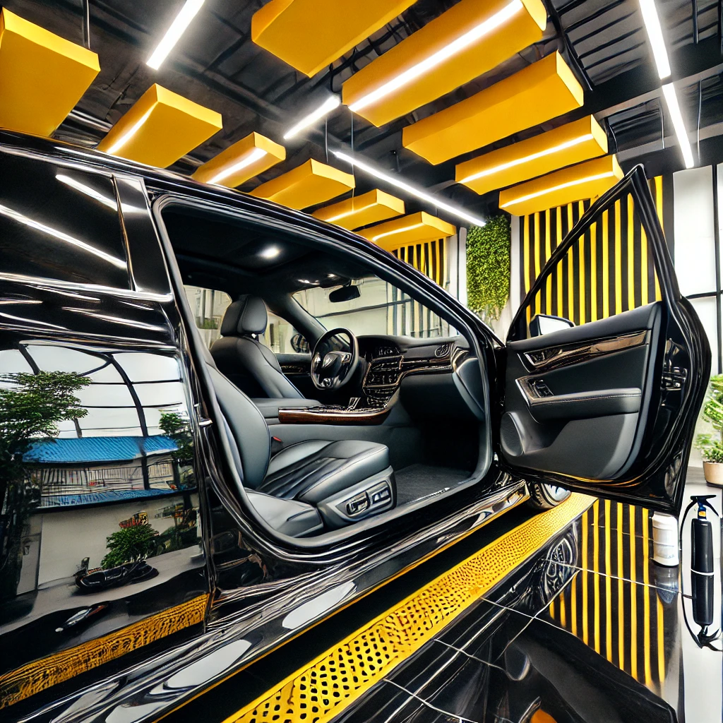 Mobil hitam glossy hasil detailing profesional di Bandung, menampilkan kilap sempurna di detailing studio modern bernuansa kuning dan putih.
