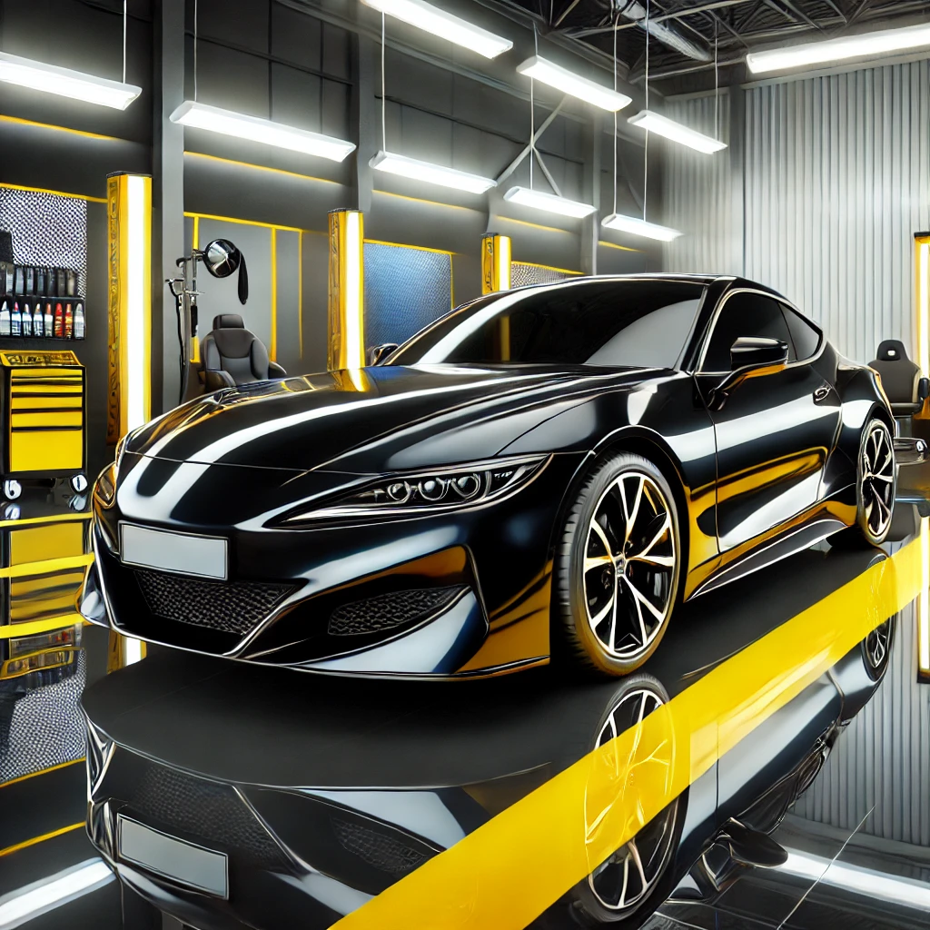 Mobil hitam glossy dengan kilap sempurna, hasil perawatan detailing dan nano coating, dipamerkan di studio modern dengan aksen warna kuning dan putih.