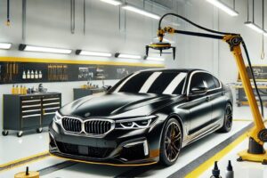 Mobil sedang menerima aplikasi nano ceramic coating di workshop modern.