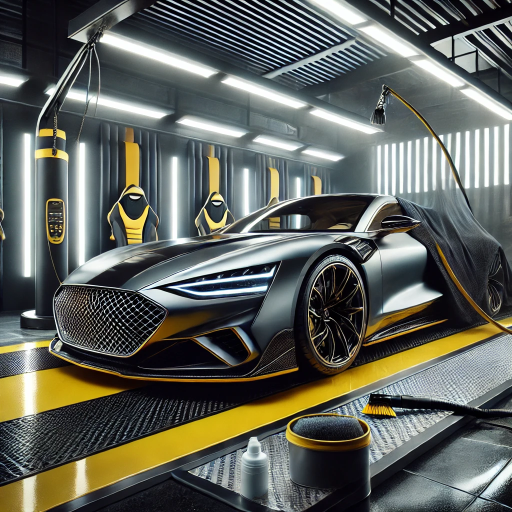 Mobil mewah yang sedang menjalani perawatan auto spa detailing di studio profesional.
