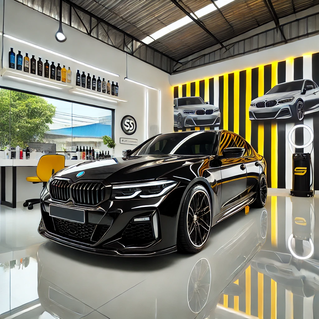 Mobil hitam berkilau hasil autodetailing di Bandung, menampilkan efek glossy dan detailing interior yang bersih, dengan dominasi warna hitam, kuning, dan putih.