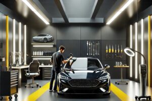 Workshop autodetailing profesional dengan fokus pada layanan berkualitas tinggi, menampilkan mobil mewah, alat modern, dan teknisi berpengalaman.