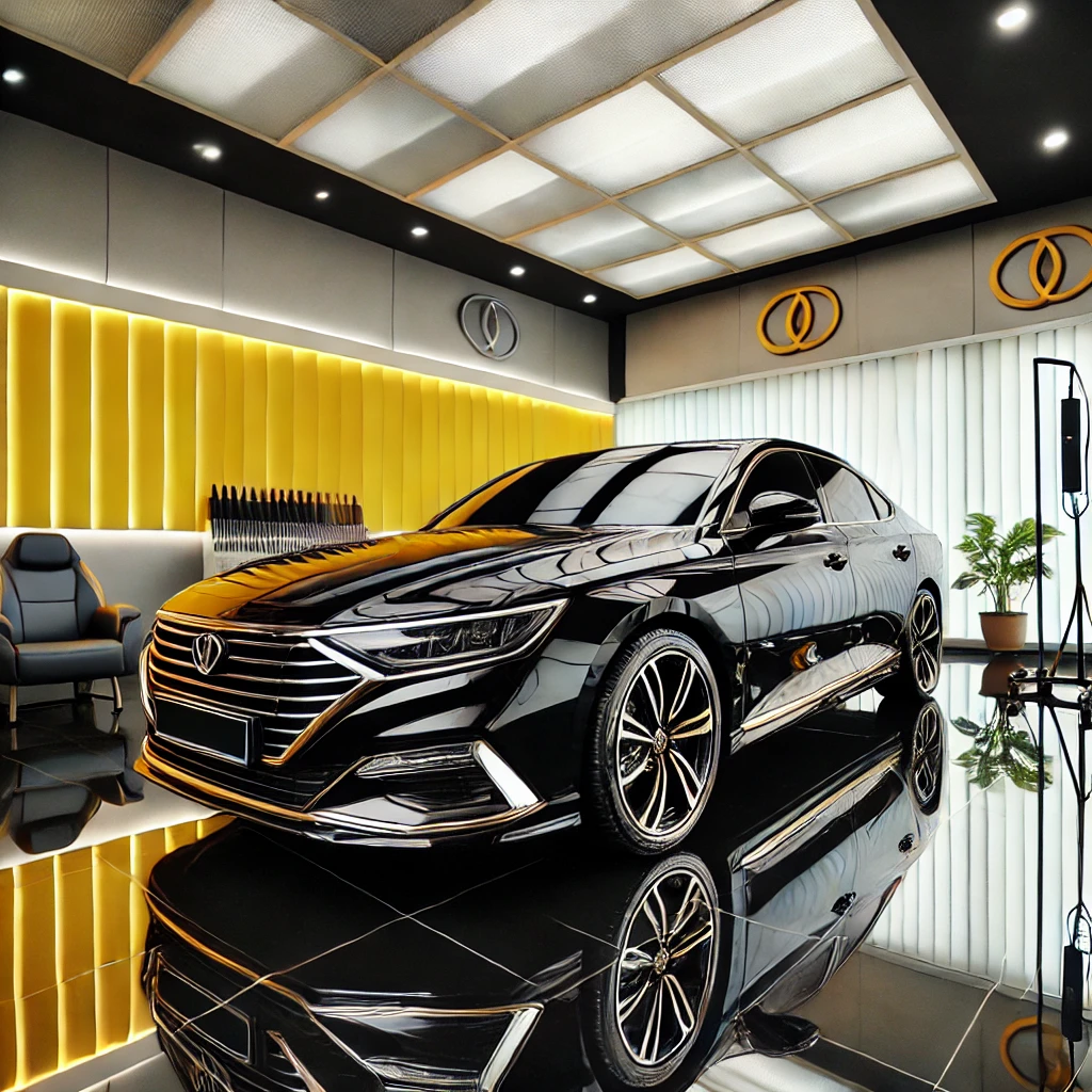 "Mobil hitam glossy hasil autodetailing di Bandung Selatan, menampilkan kilap sempurna dan interior bersih di studio detailing modern bernuansa kuning dan putih.