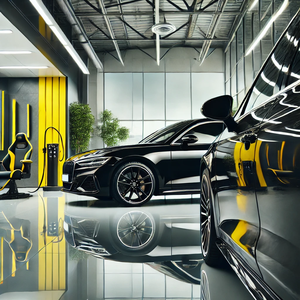Mobil hitam glossy dengan hasil autodetailing, menampilkan kilap sempurna dan perlindungan maksimal di studio detailing modern dengan dominasi warna kuning dan putih.