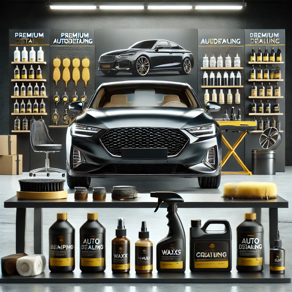 Workshop autodetailing profesional dengan berbagai produk premium seperti wax, shampoo, dan ceramic coating, didominasi warna hitam, kuning, dan putih.
