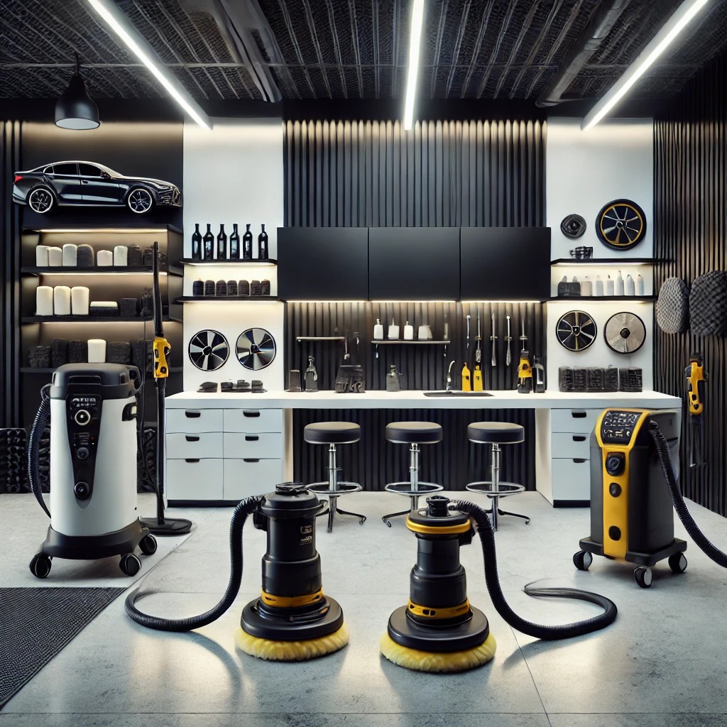 Setup workshop autodetailing profesional dengan alat modern seperti steam cleaner, polisher, dan foam cannon.