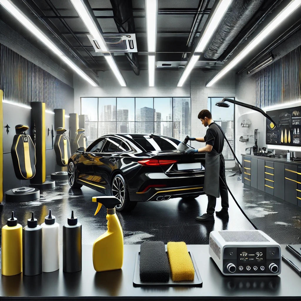 Autodetailing shop modern dengan peralatan canggih dan warna dominan hitam, kuning, dan putih, menunjukkan layanan detailing mobil yang profesional.