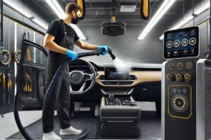 Studio autodetailing modern dengan teknologi steamer, teknisi membersihkan interior mobil mewah, dominasi warna hitam, kuning, dan putih.