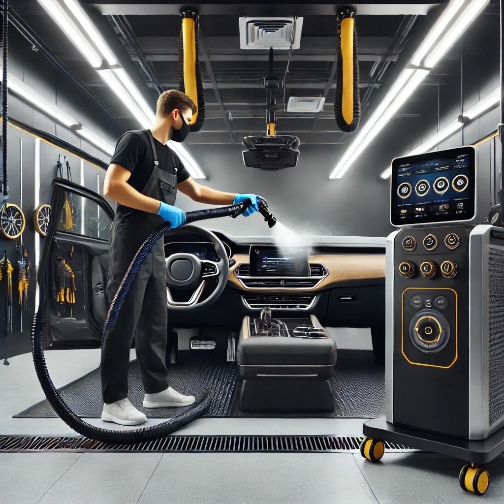 Studio autodetailing modern dengan teknologi steamer, teknisi membersihkan interior mobil mewah, dominasi warna hitam, kuning, dan putih.