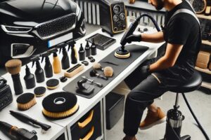 Setup autodetailing profesional dengan berbagai alat modern, seperti steam cleaner dan polisher, di ruang kerja yang bersih dan rapi.
