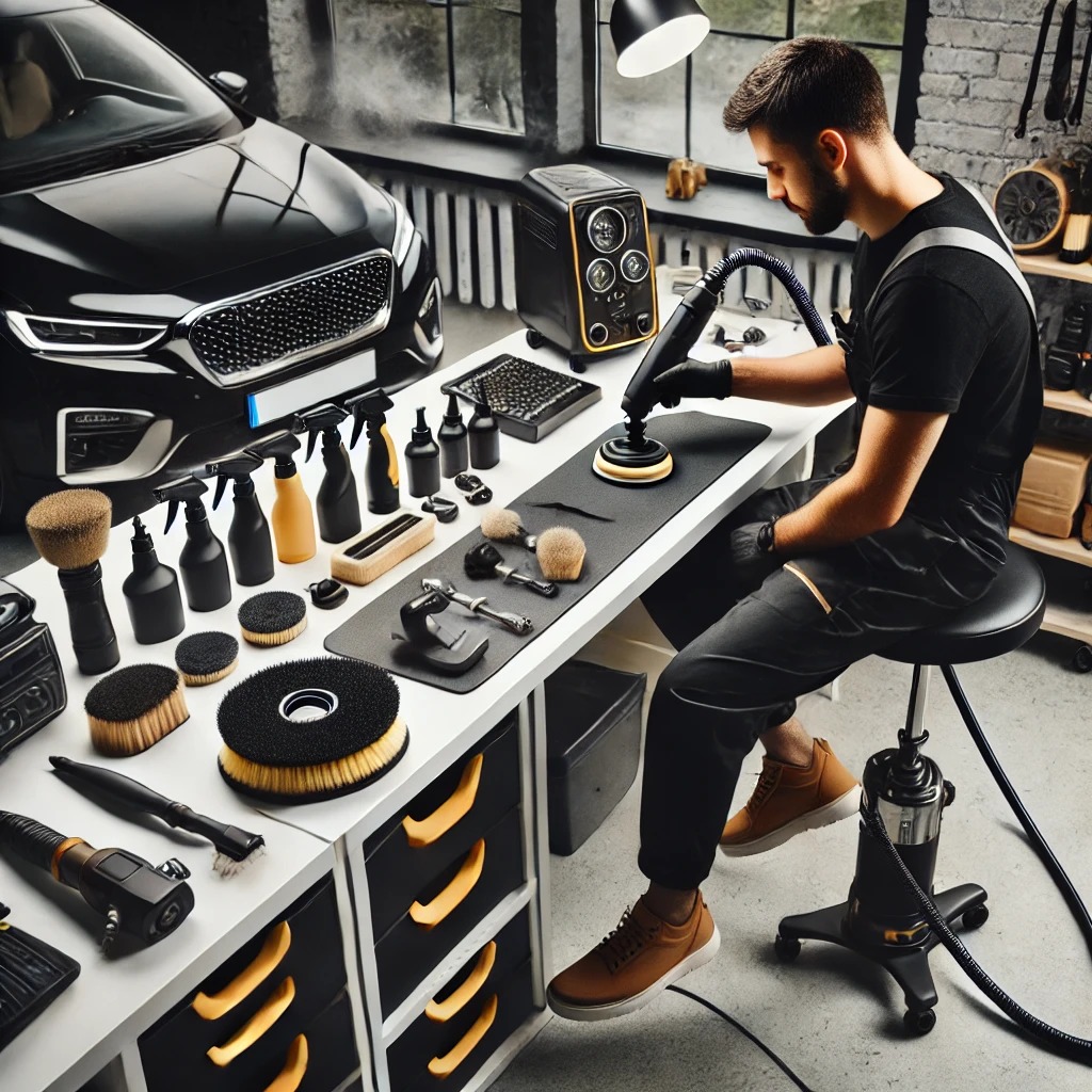Setup autodetailing profesional dengan berbagai alat modern, seperti steam cleaner dan polisher, di ruang kerja yang bersih dan rapi.