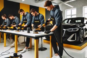 Sesi pelatihan autodetailing di studio modern dengan peserta belajar menggunakan alat seperti steam cleaner dan polisher.