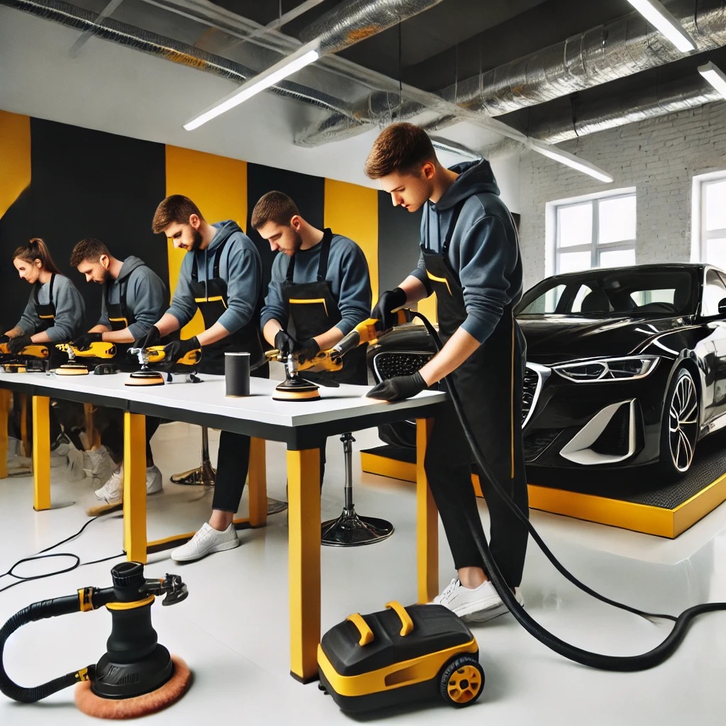 Sesi pelatihan autodetailing di studio modern dengan peserta belajar menggunakan alat seperti steam cleaner dan polisher.