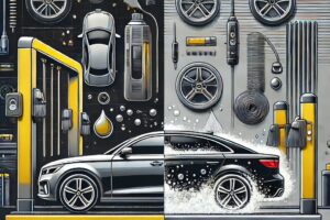 Perbandingan autodetailing dan car wash, menunjukkan mobil yang sedang ditangani dengan alat modern dan mobil lain dalam layanan car wash otomatis.