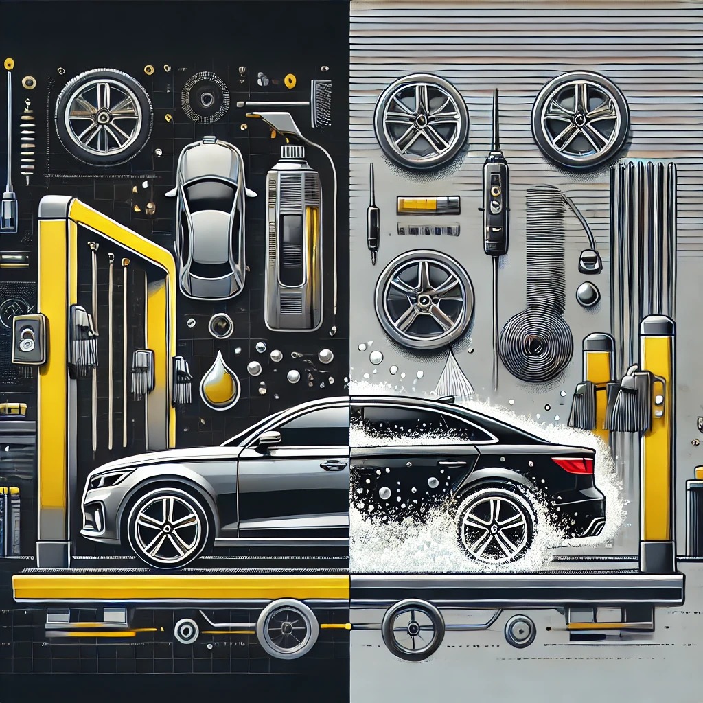 Perbandingan autodetailing dan car wash, menunjukkan mobil yang sedang ditangani dengan alat modern dan mobil lain dalam layanan car wash otomatis.