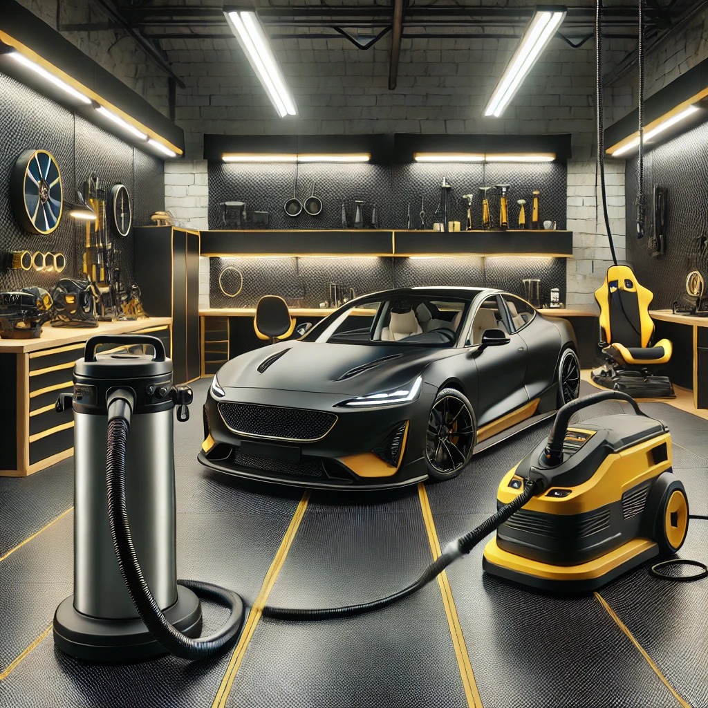Workshop autodetailing profesional dengan alat canggih seperti steam cleaner dan polisher dalam lingkungan modern.