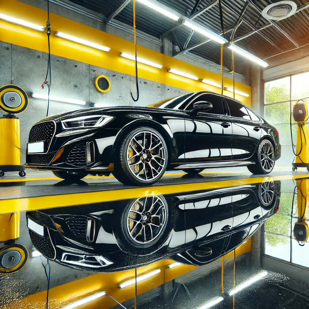 Mobil hitam dengan kilap sempurna hasil waxing, menunjukkan efek glossy maksimal di studio detailing modern bernuansa kuning dan putih.