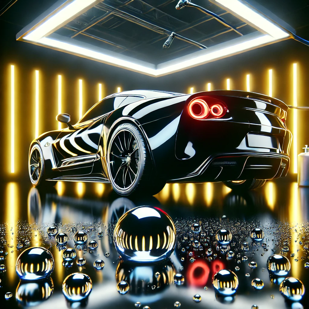 Mobil hitam berkilau dengan efek glossy hasil perawatan cat mobil, menunjukkan kilap sempurna di studio detailing modern dengan aksen kuning dan putih.