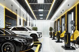 Desain modern ruang salon mobil dengan kombinasi warna hitam, kuning, dan putih, dilengkapi peralatan detailing profesional.