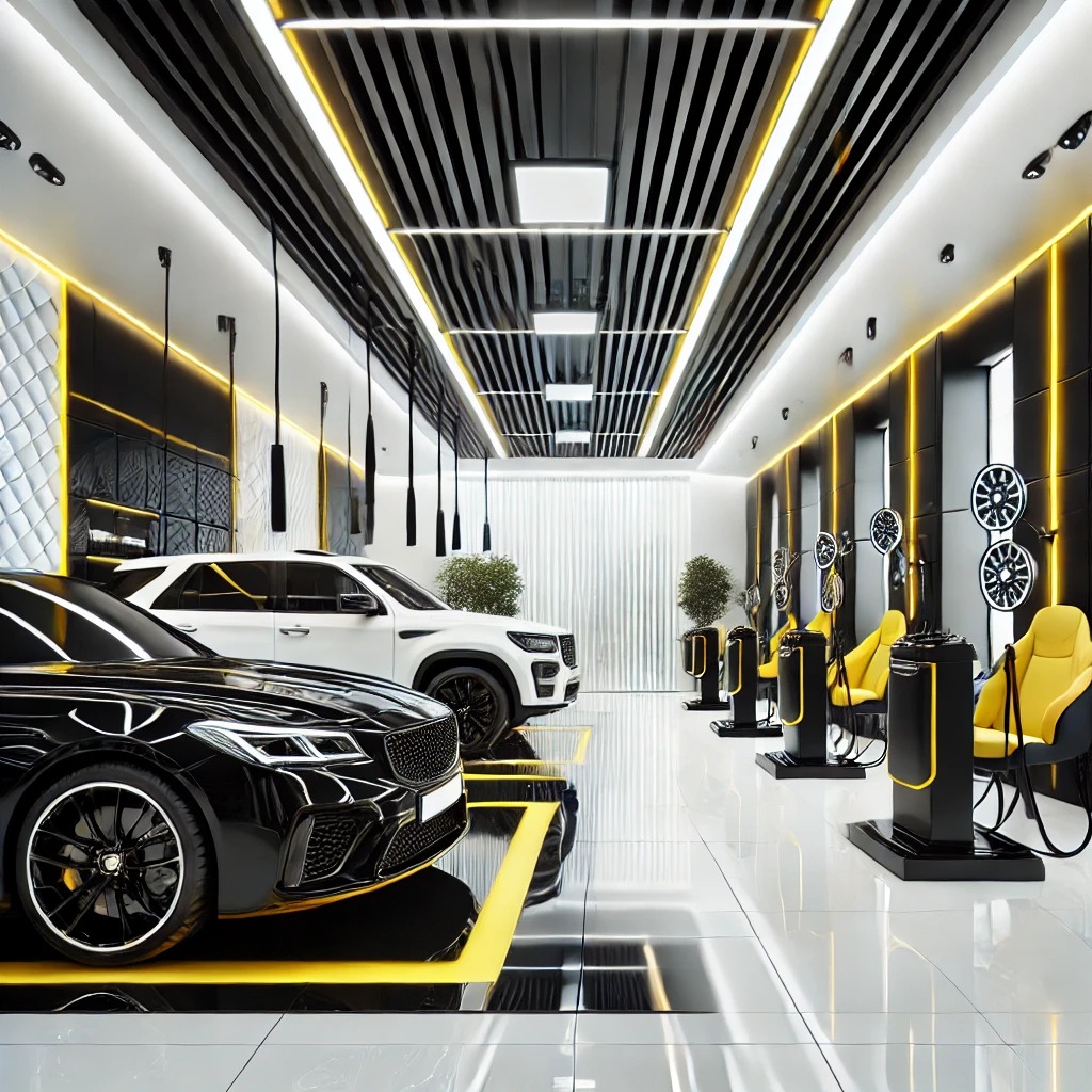 Desain modern ruang salon mobil dengan kombinasi warna hitam, kuning, dan putih, dilengkapi peralatan detailing profesional.