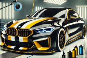 Mobil mewah dalam proses aplikasi nano ceramic coating dengan efek kilau dan perlindungan maksimal di studio detailing.