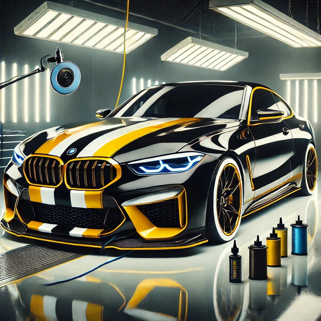 Mobil mewah dalam proses aplikasi nano ceramic coating dengan efek kilau dan perlindungan maksimal di studio detailing.