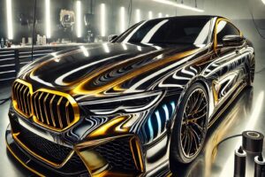 Mobil mewah dengan efek nano coating berkilau di studio detailing profesional