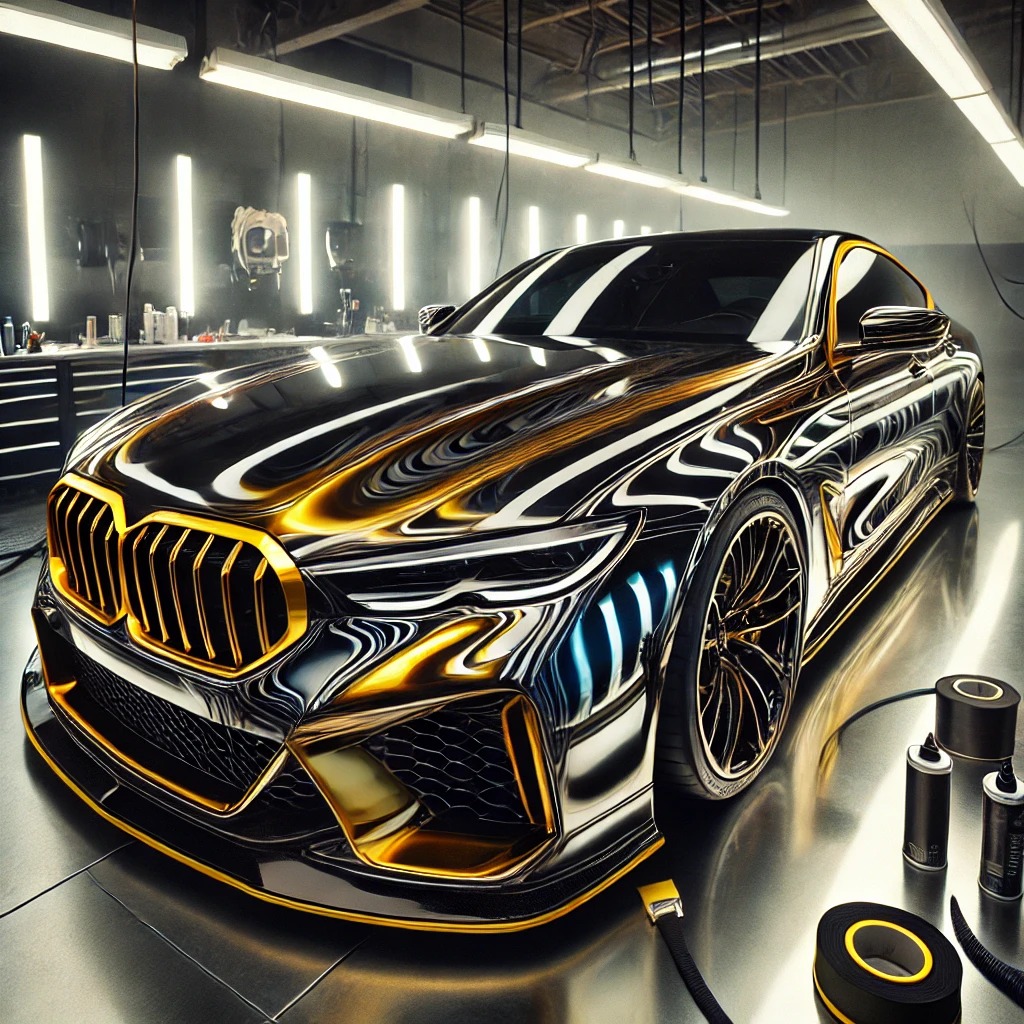 Mobil mewah dengan efek nano coating berkilau di studio detailing profesional
