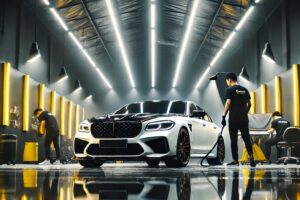 Sebuah mobil mewah yang sedang menjalani proses detailing premium di salon mobil dengan dominasi warna hitam, kuning, dan putih.