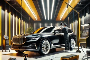 Layanan detailing mobil premium di salon mobil Bandung dengan warna dominan hitam, kuning, dan putih.