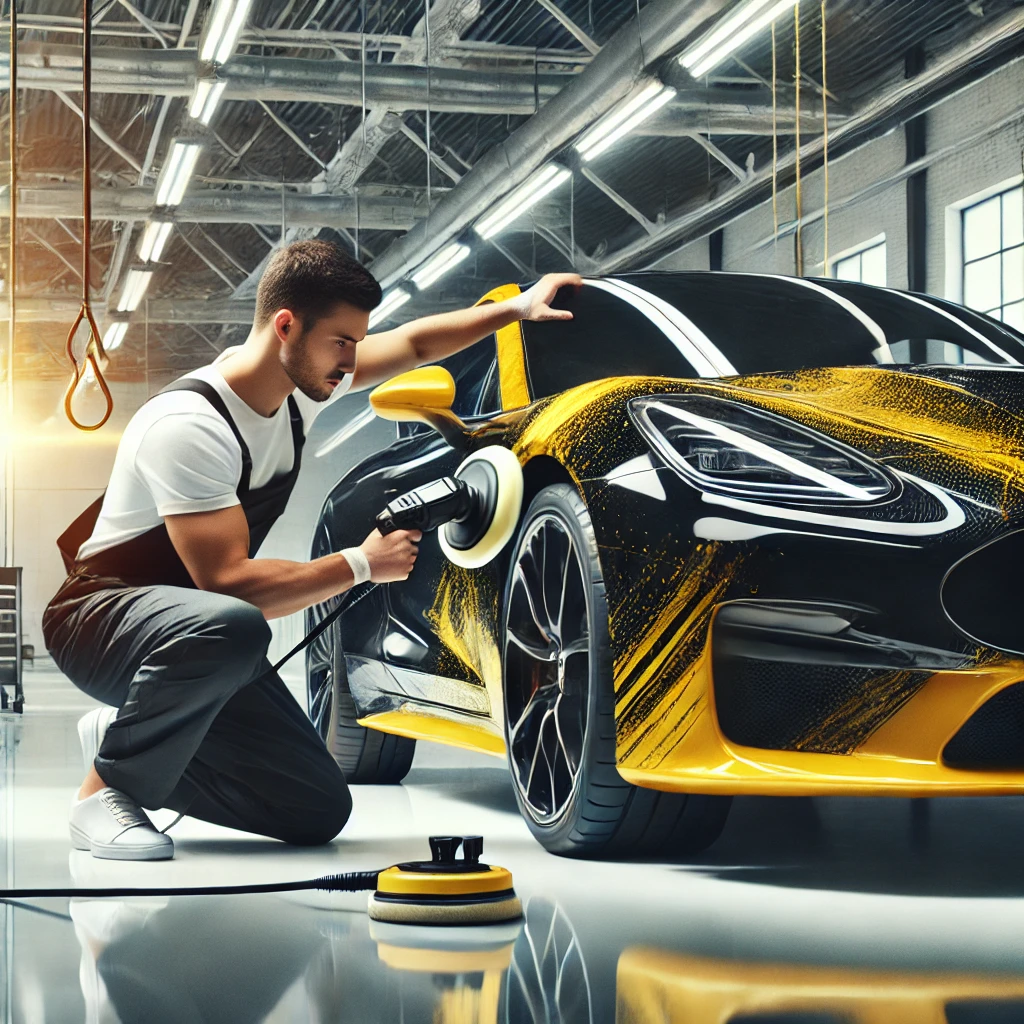 Poles body mobil premium dengan dominasi warna hitam, kuning, dan putih.